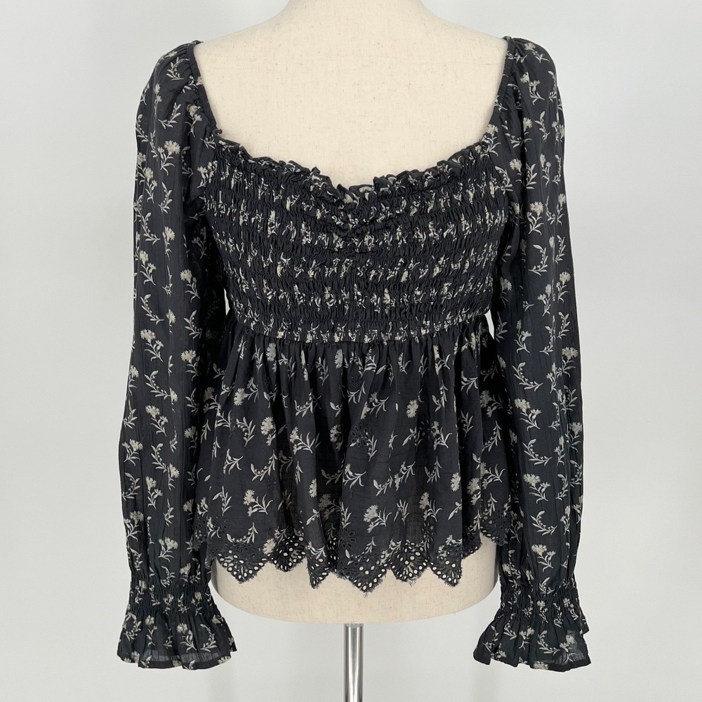 American Eagle Womens Floral Smocked Peplum Babydoll Top Size L Black Coquette